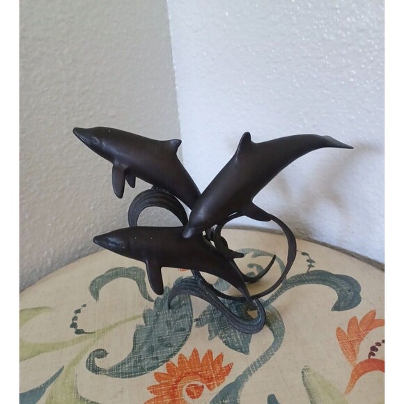 Vintage Dancing Dolphins Bronze Wave Base MCM Sculpture Patina Swimming Dolphins - Picture 5 of 12